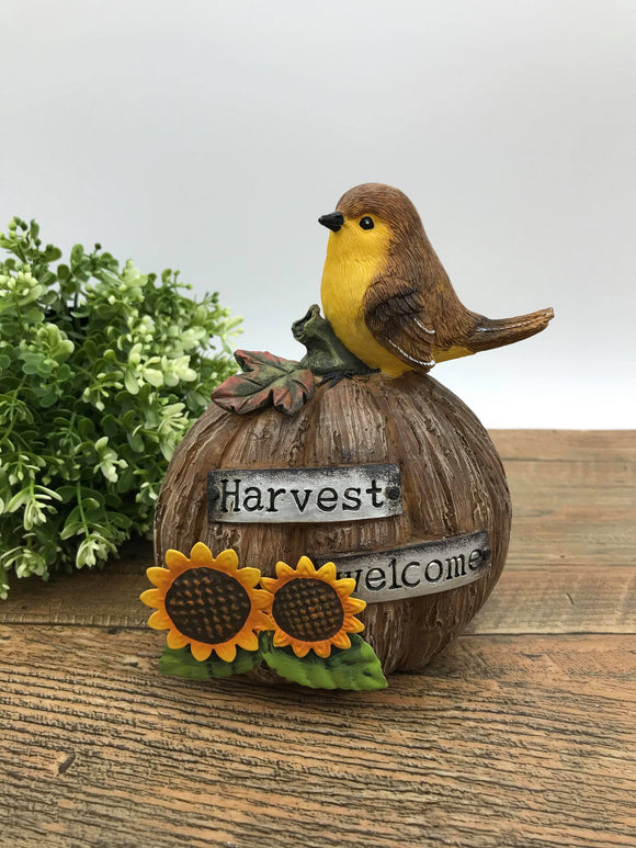 Harvest Welcome” Pumpkin/Sunflowers/Sparrow