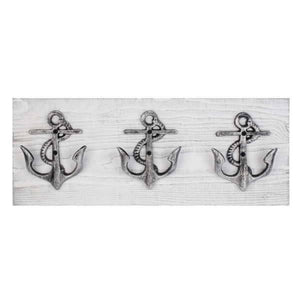 Silver Metal Anchor (3) Hooks on White 18" x 7"