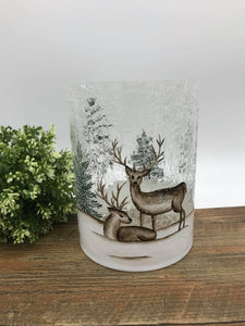 Candle Holder Crackle Glass 8” Vase  with Deer/Trees