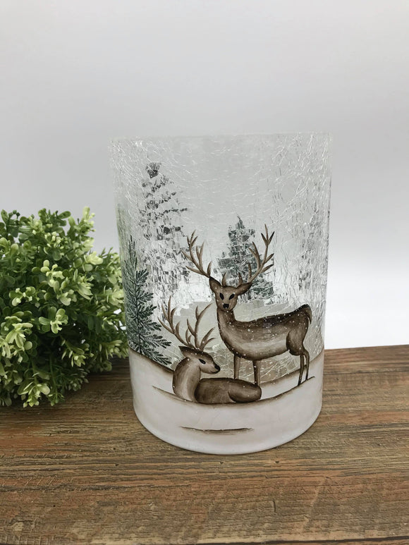 Candle Holder Crackle Glass 8” Vase  with Deer/Trees