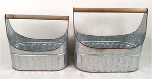Set of 2 - Galvanized metal containers with a wooden handle